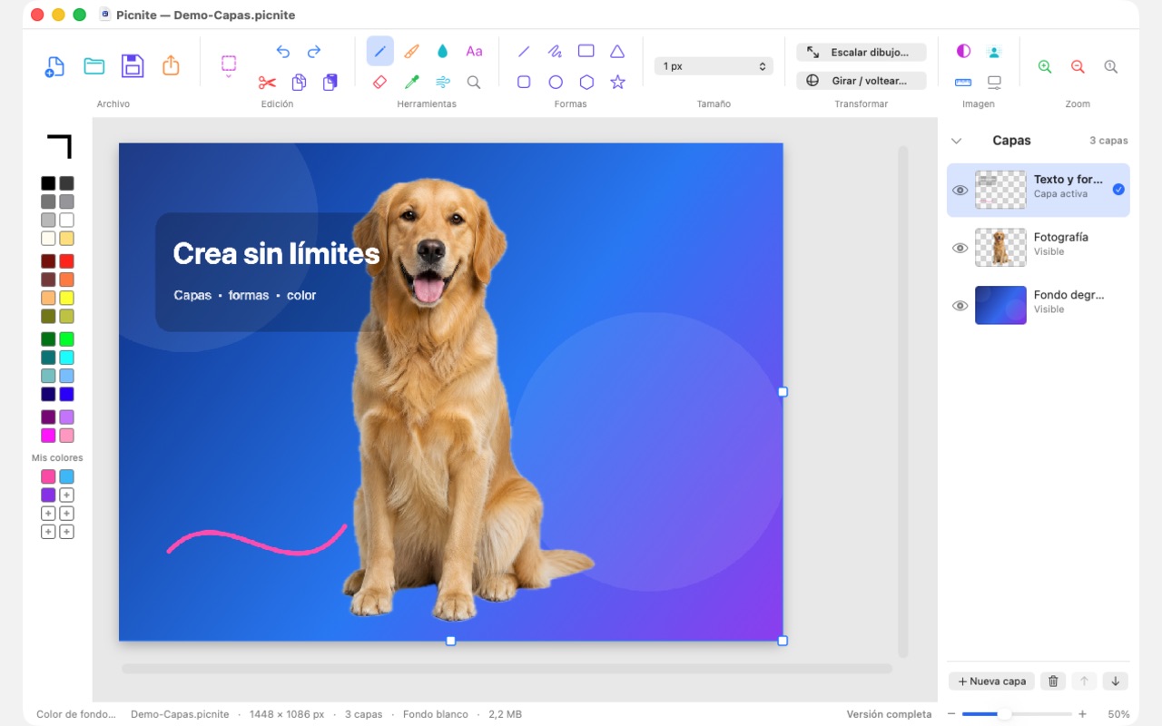 Proyecto nativo de Picnite con capas, miniaturas y paleta de colores personalizados
